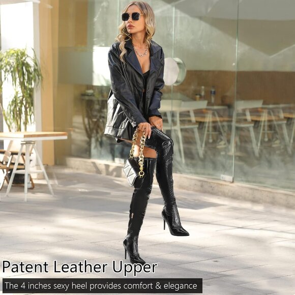 Women Black Patent pu Side Zipper Stiletto High Heel Over The Knee Comfy Boots - Picture 4 of 6